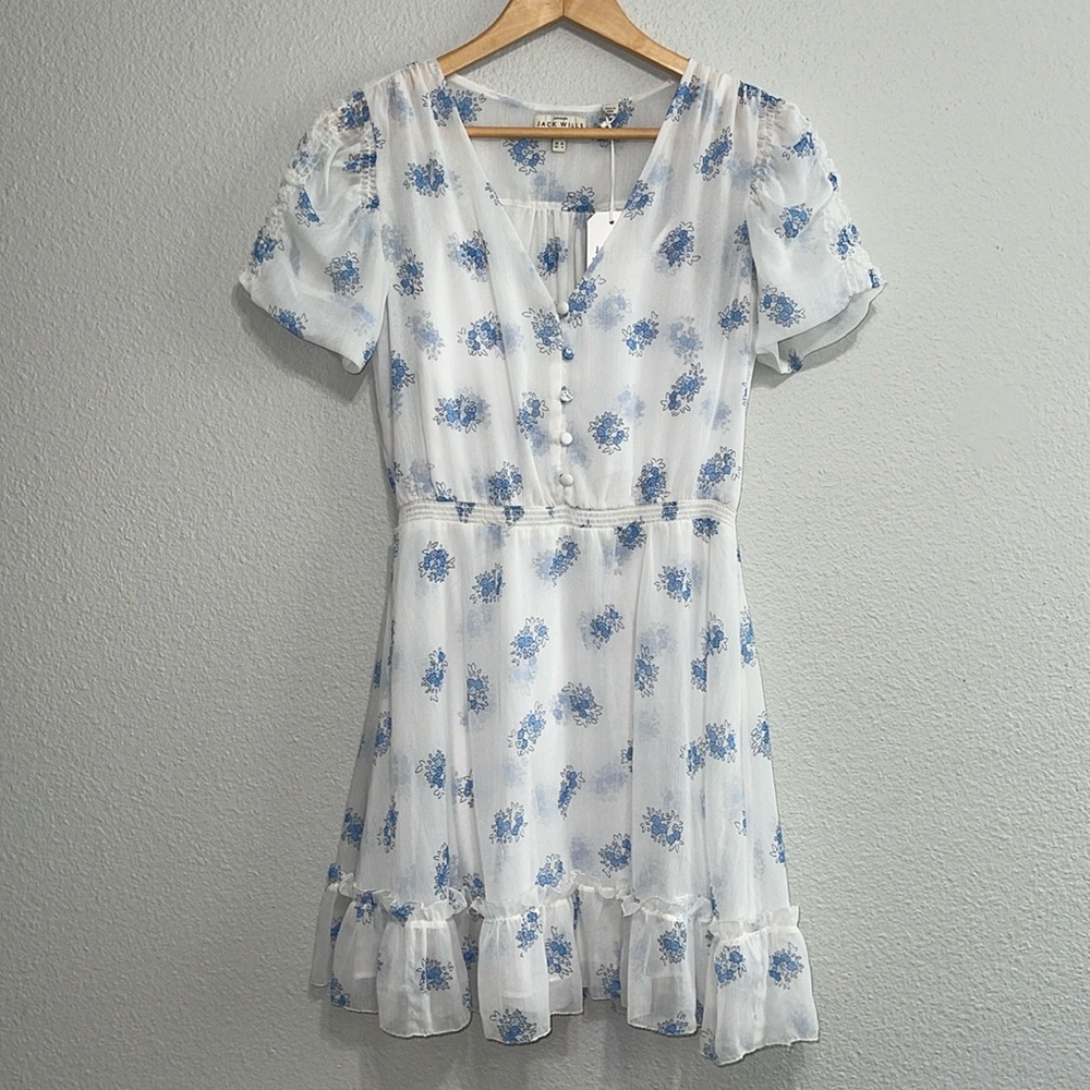 Jack Wills Abby Blue Floral White Shirred Waist Fit and Flare Mini Dress - US 6
